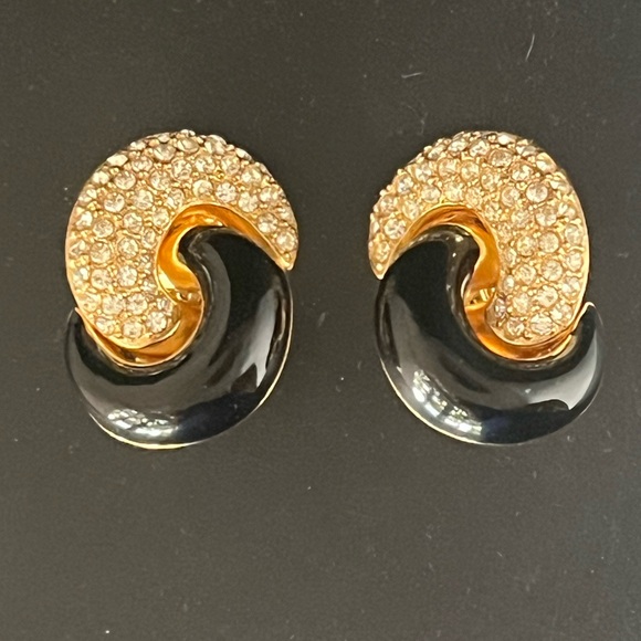 Vinntage Chr Dior Black Enamel Pave Rhinestone Earrings - Picture 1 of 4